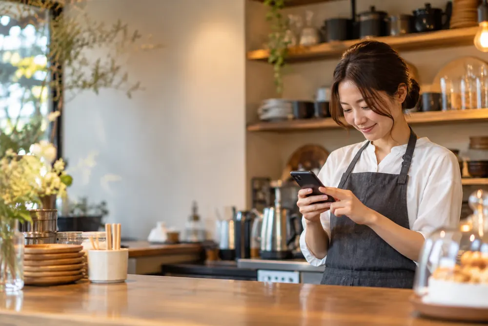 カウンターの中でスマートフォンを見るカフェの店主