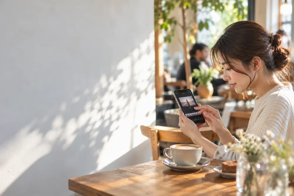 カフェで短い動画をスマートフォンで編集する女性