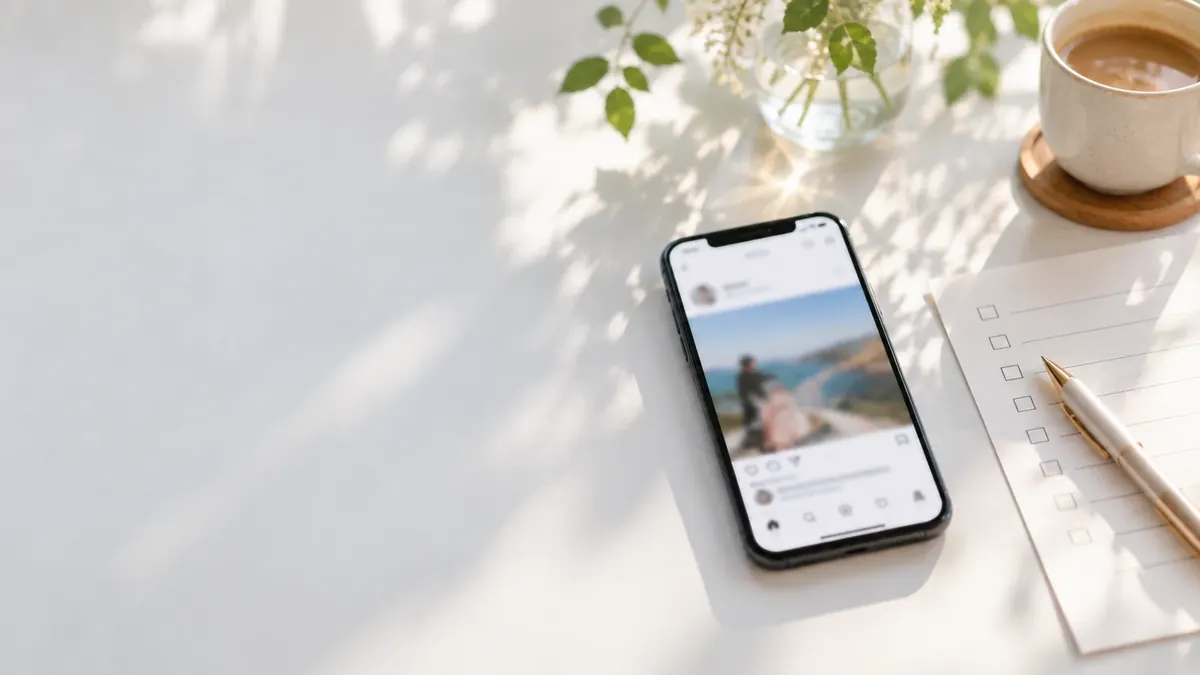 机に置いたスマートフォンの投稿の画面と確認の表